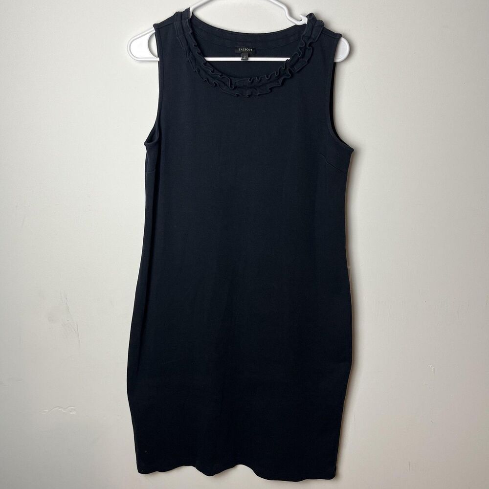 Talbots Dress Womens Medium Navy Ruffle Neck Sleeveless Cotton Knit Shift Casual